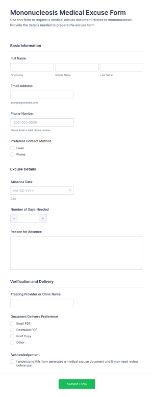 Mononucleosis Medical Excuse Form Template