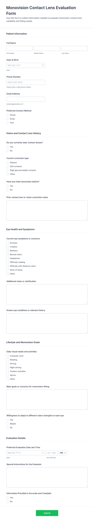 Monovision Contact Lens Evaluation Form Template