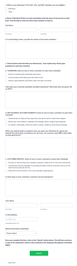 Employee Nomination Form Template
