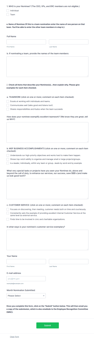 Employee Nomination Form Template