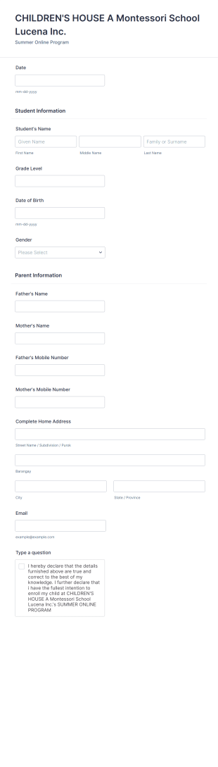 Montessori School Class Enhancement Form Template