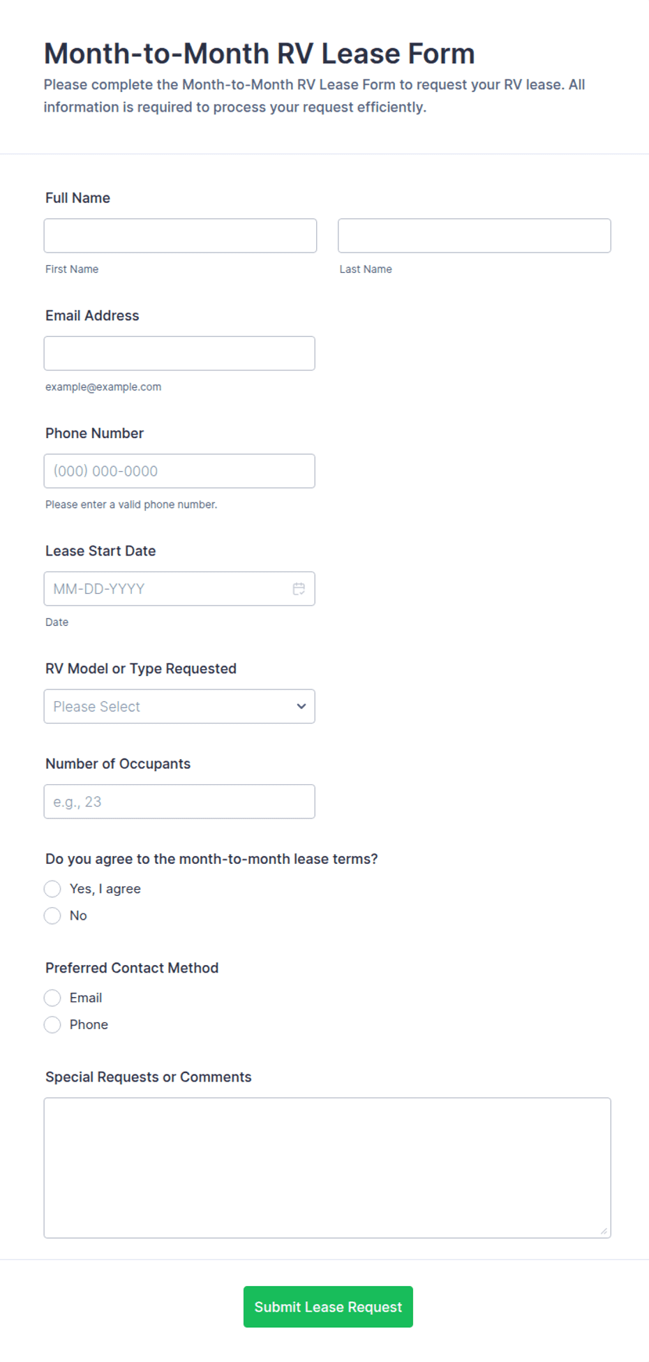 Month-to-Month RV Lease Form Template | Jotform