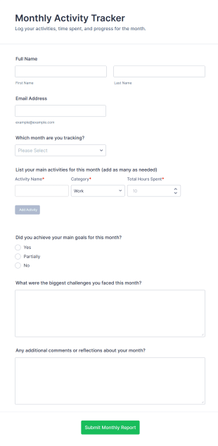 Monthly Activity Tracker Form Template