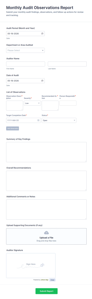 Monthly Audit Observations Report Form Template
