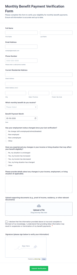 Monthly Benefit Payment Verification Form Template