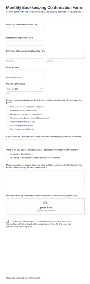 Monthly Bookkeeping Confirmation Form Template