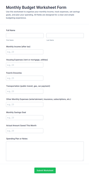 Monthly Budget Worksheet Form Template