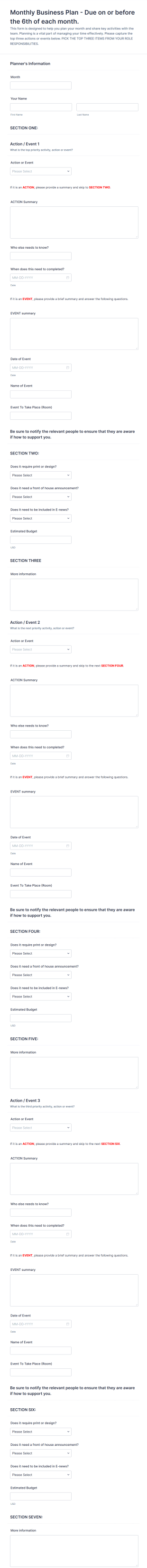 Monthly Business Plan Form Template
