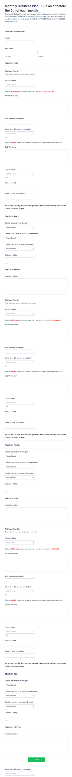 Monthly Business Plan Form Template