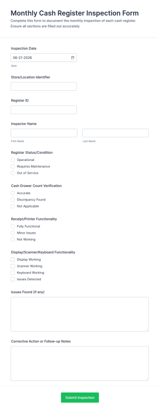 Monthly Cash Register Inspection Form Template