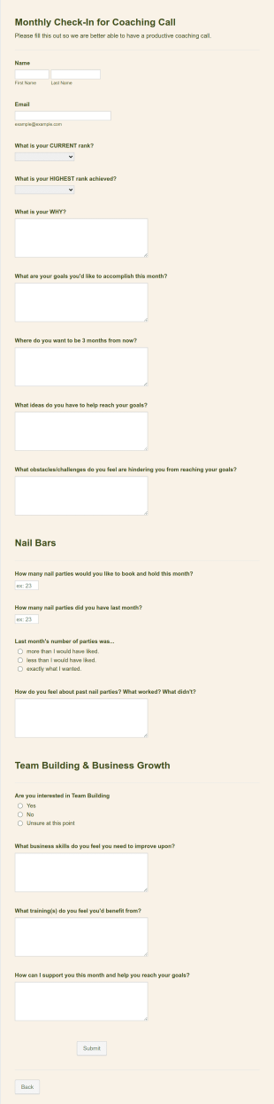 Monthly Coaching Call Check In Form Template