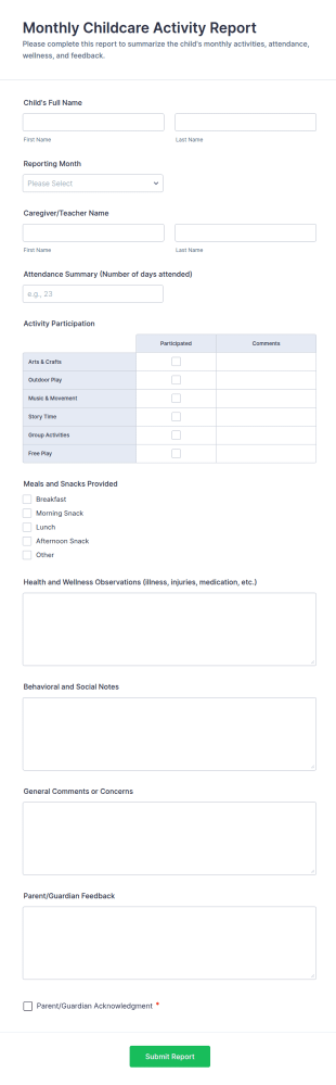 Monthly Childcare Activity Report Form Template