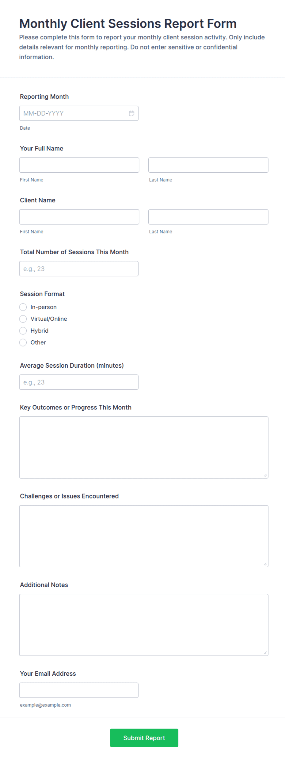 Monthly Client Sessions Report Form Template | Jotform