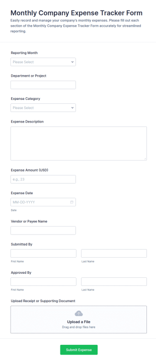 Monthly Company Expense Tracker Form Template