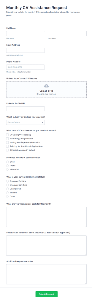Monthly CV Assistance Request Form Template