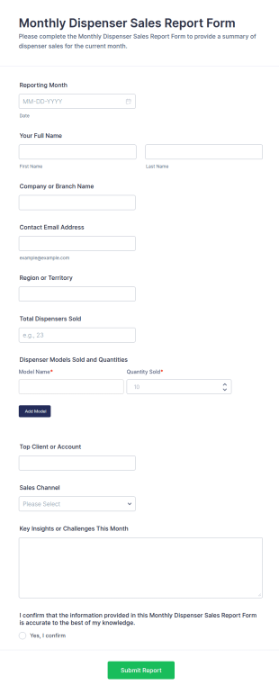 Monthly Dispenser Sales Report Form Template