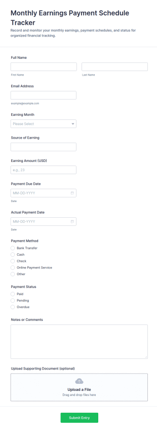 Monthly Earnings Payment Schedule Tracker Form Template