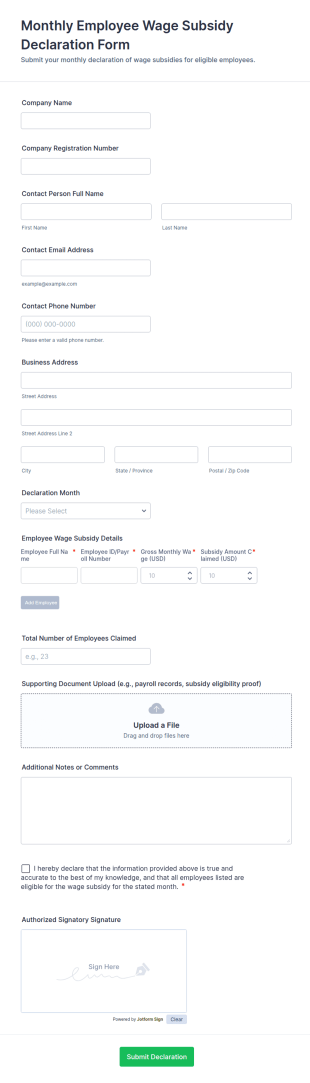 Monthly Employee Wage Subsidy Declaration Form Template