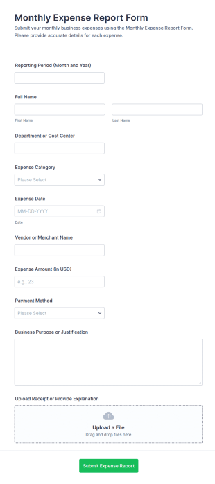 Monthly Expense Report Form Template