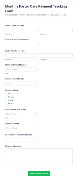 Monthly Foster Care Payment Tracking Form Template