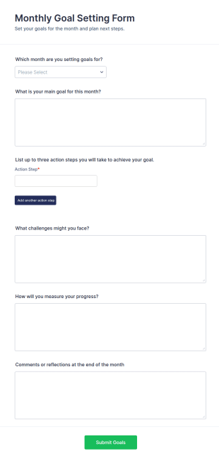 Monthly Goal Setting Form Template