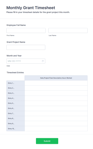 Monthly Grant Timesheet Form Template