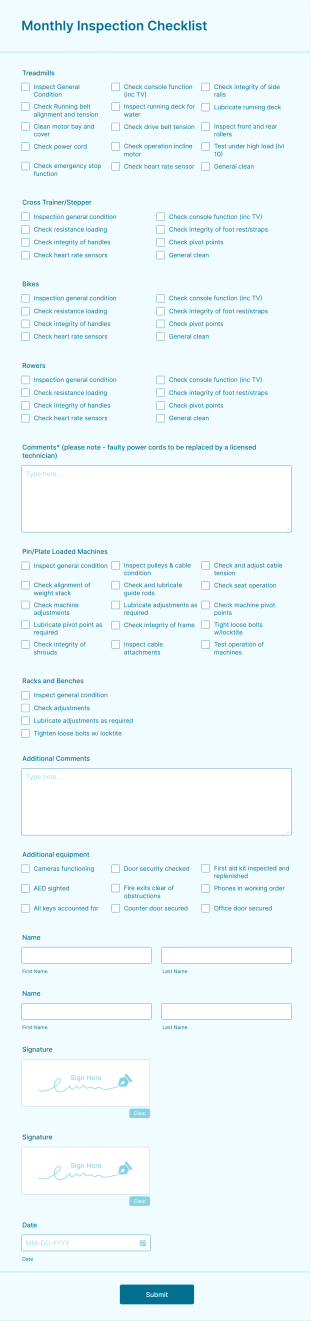 Gym Equipment Monthly Inspection Checklist Form Template