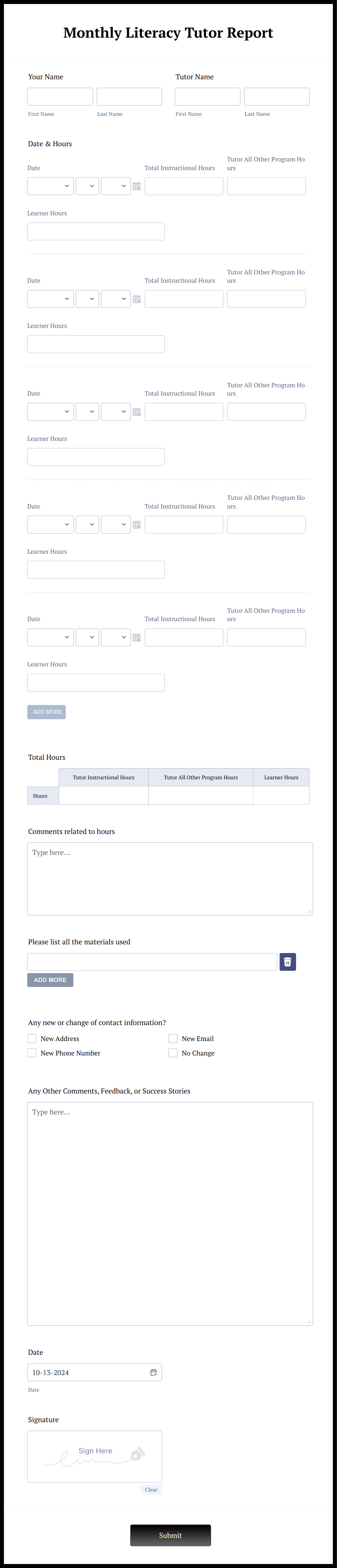 Monthly Literacy Tutor Report Form Template | Jotform