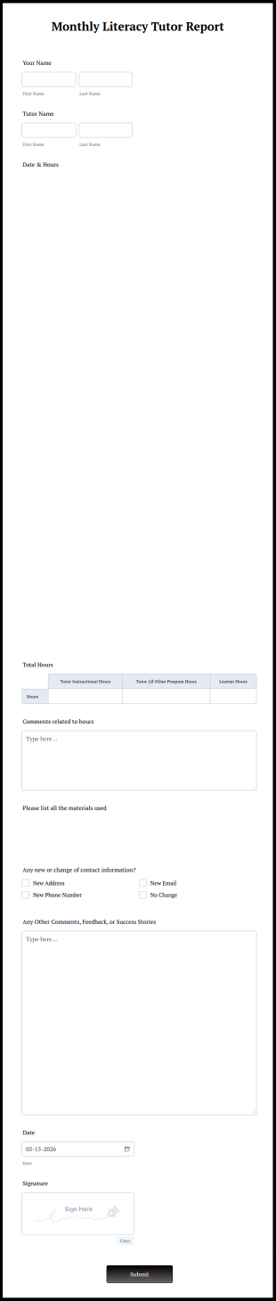 Monthly Literacy Tutor Report Form Template