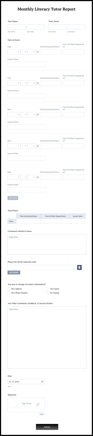 Monthly Literacy Tutor Report Form Template