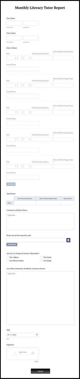 Monthly Literacy Tutor Report Form Template