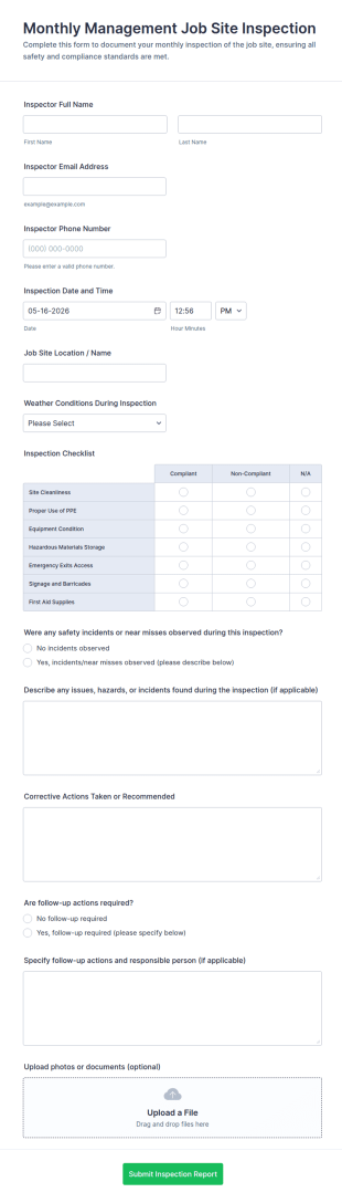 Monthly Management Job Site Inspection Form Template
