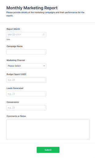 Monthly Marketing Report Form Template