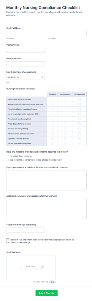 Monthly Nursing Compliance Checklist Form Template