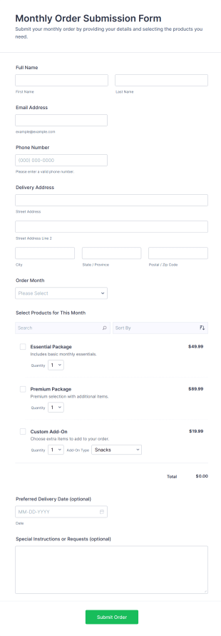 Monthly Order Submission Form Template