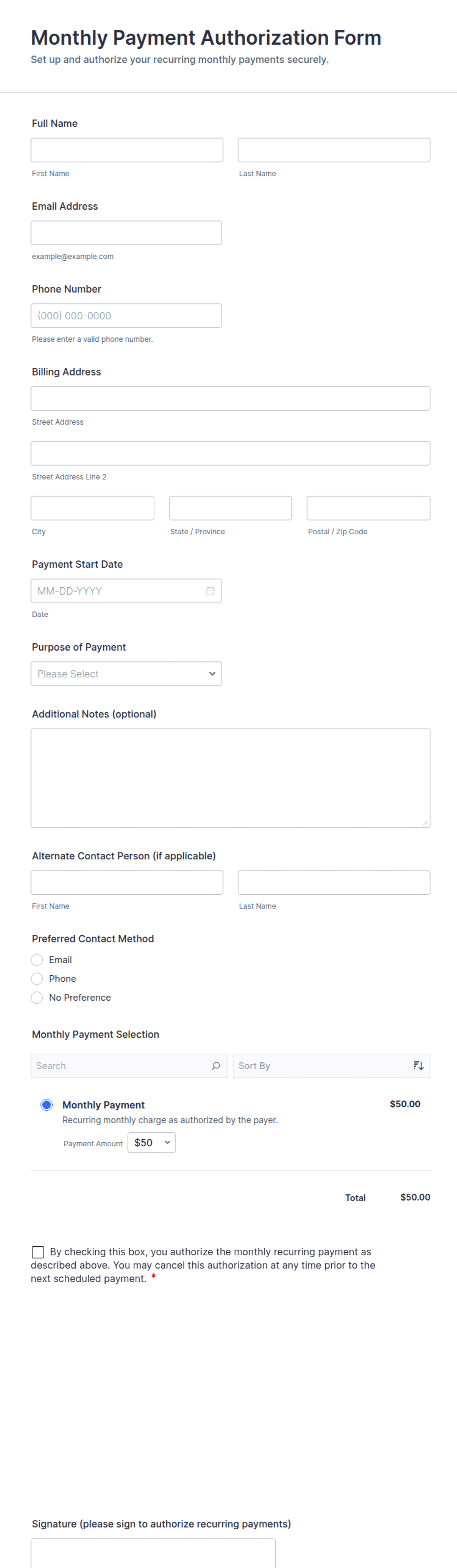 Monthly Payment Authorization Form Template | Jotform