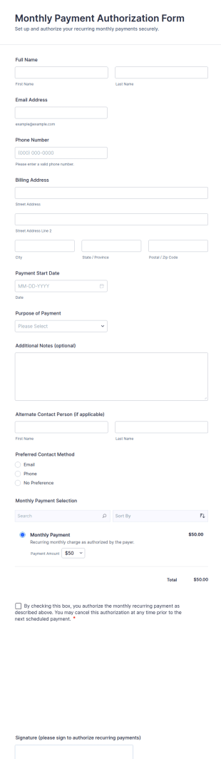 Monthly Payment Authorization Form Template