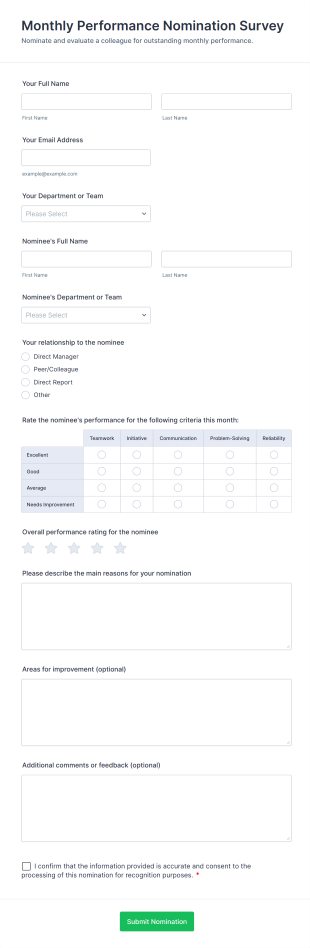 Monthly Performance Nomination Survey Form Template
