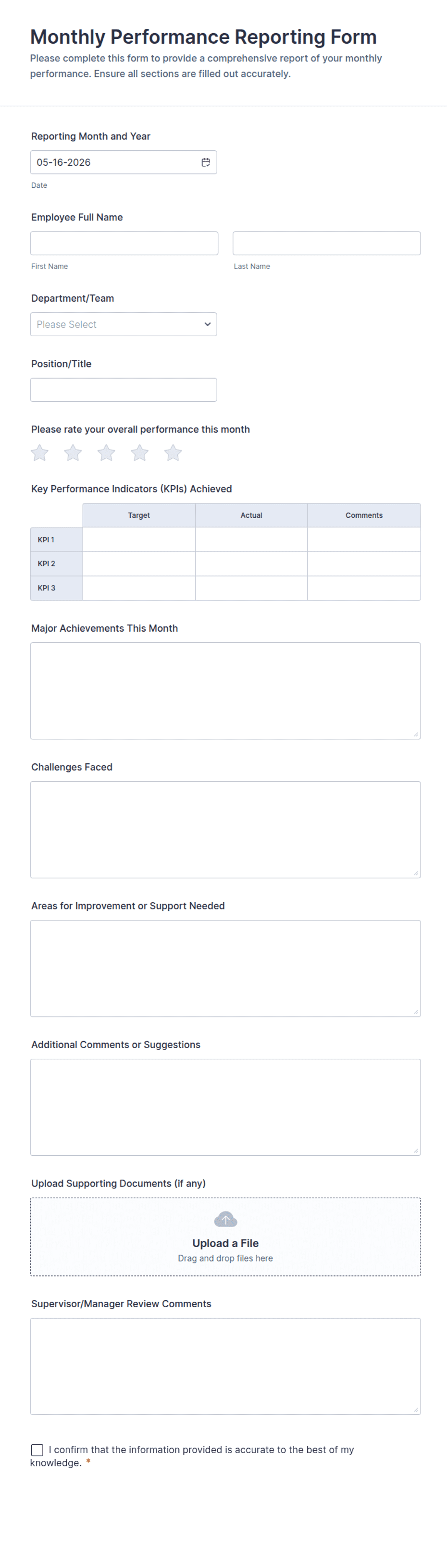 Monthly Performance Reporting Form Template | Jotform