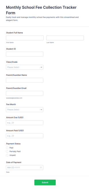 Monthly School Fee Collection Tracker Form Template