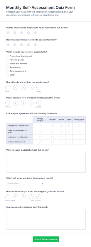 Monthly Self Assessment Quiz Form Template