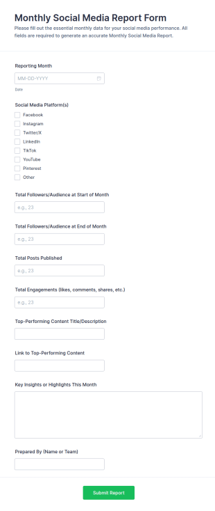 Monthly Social Media Report Form Template