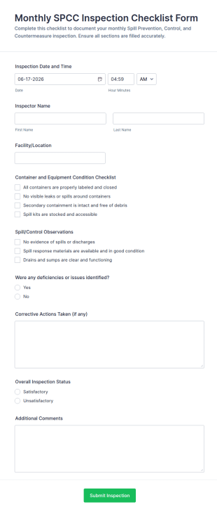 Monthly SPCC Inspection Checklist Form Template