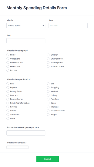 Monthly Spending Details Form Template