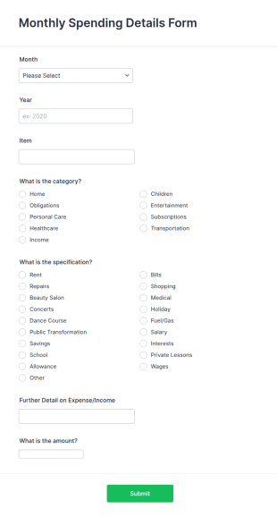 Monthly Spending Details Form Template