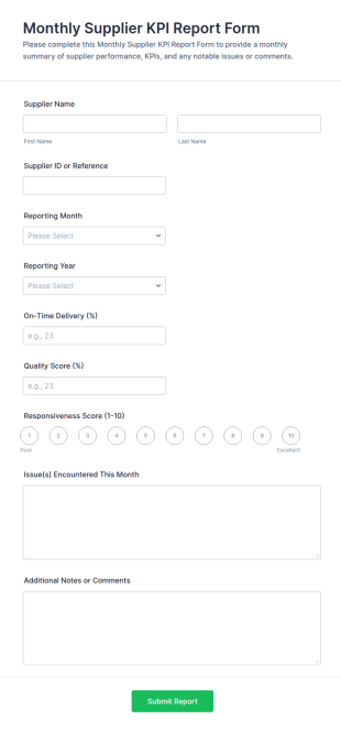 Monthly Supplier KPI Report Form Template