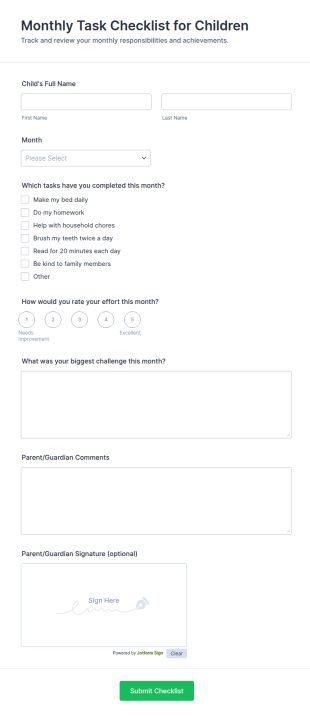 Monthly Task Checklist For Children Form Template