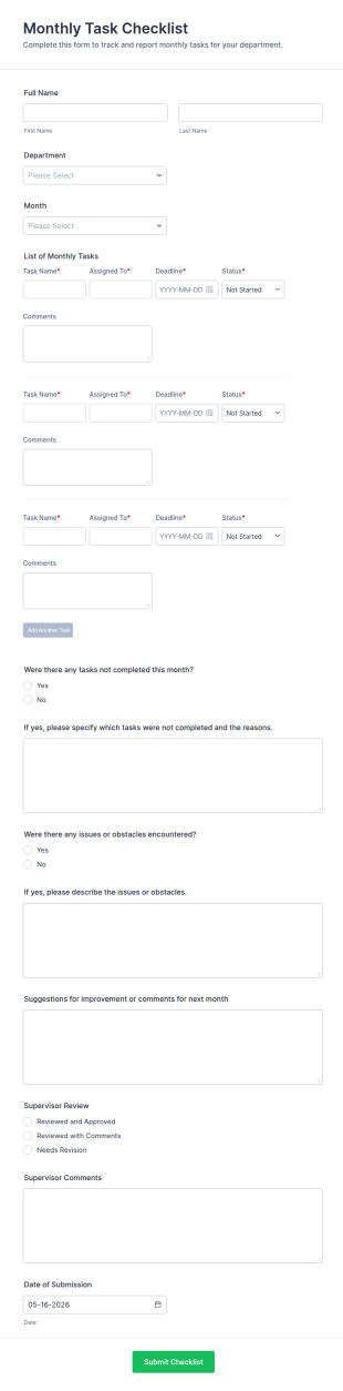Monthly Task Checklist Form Template