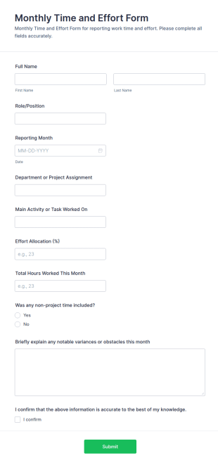 Monthly Time And Effort Form Template