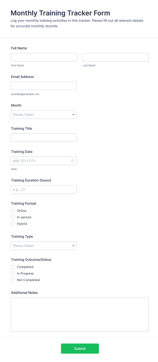 Monthly Training Tracker Form Template